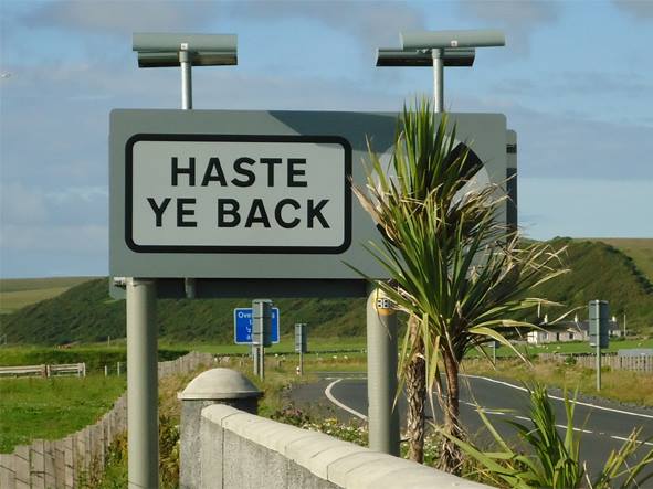 Haste ye back. Scottish slogan greetings card. Great for 